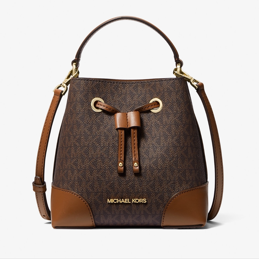 Michael Kors Monogram Mercer Small Logo Bucket Bag in Brown